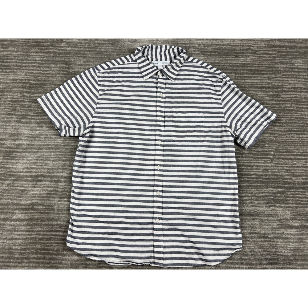 Old Navy Button Down Mens XL Navy White Striped Built-In Flex Short Sleeve Shirt